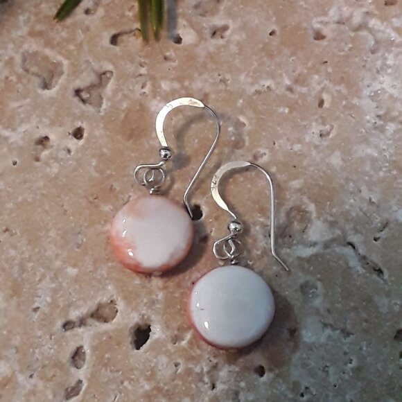 Native American Sterling & Orange Spiny Oyster Shell Earrings Ear Wires - Picture 4 of 4